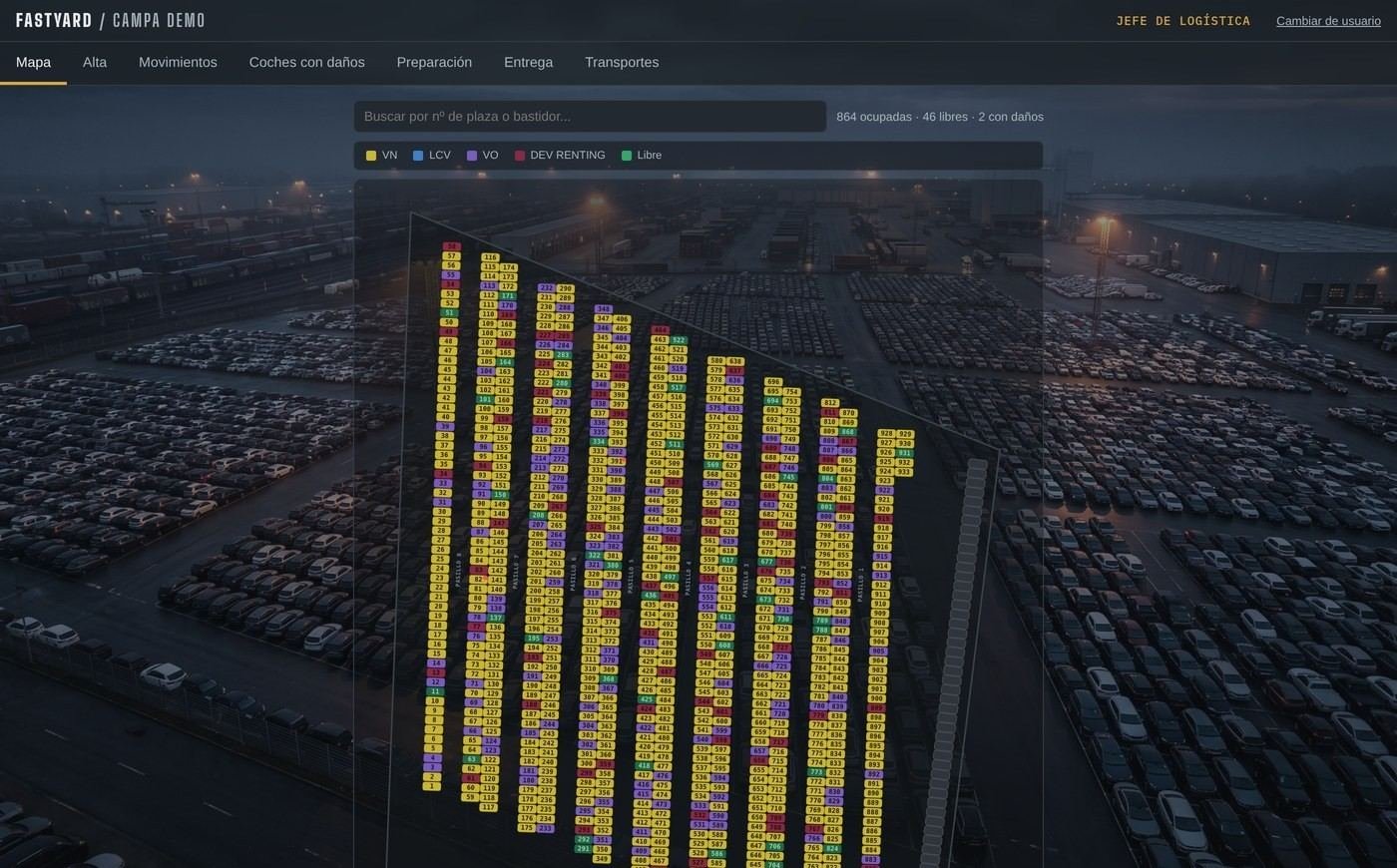 Mapa de campa en FastYard con las plazas coloreadas por tipo de vehículo