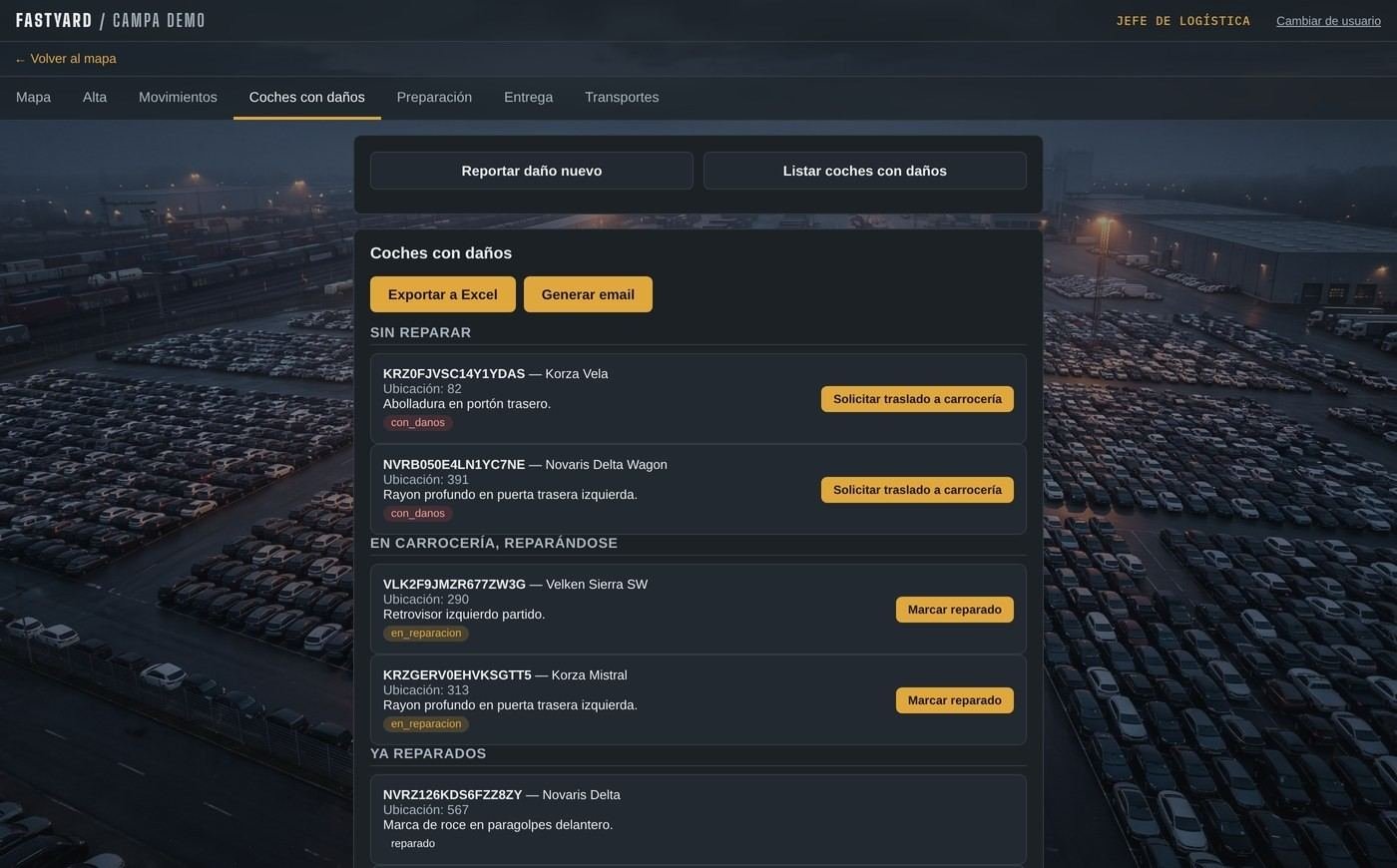 Listado de coches con daños en FastYard, separado en sin reparar, en carrocería y reparados