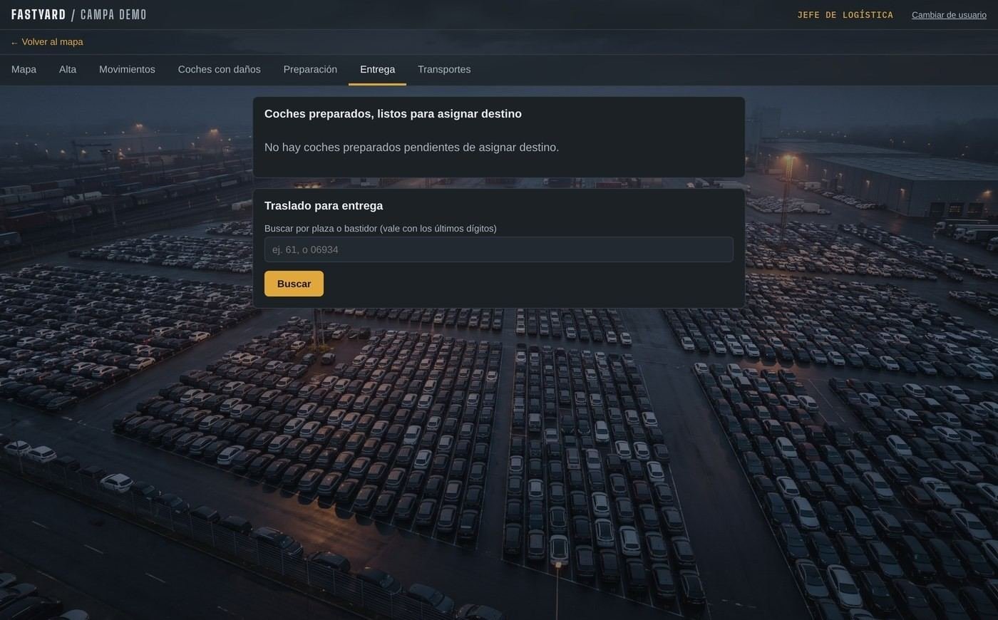 Pantalla de entrega de FastYard con los coches preparados listos para asignar destino