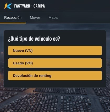 App de campa de FastYard preguntando el tipo de vehículo: nuevo, usado o devolución de renting