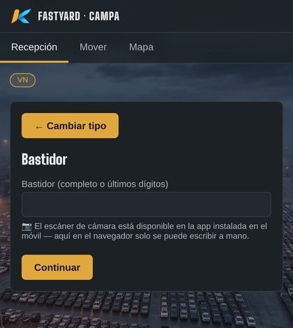 App de campa de FastYard con el campo de bastidor para escanear o escribir los últimos dígitos