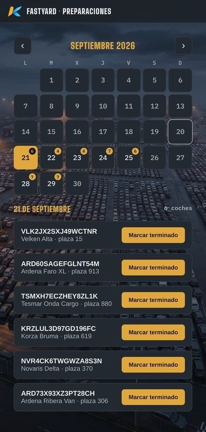App de preparaciones de FastYard con el calendario del mes y los coches a preparar cada día